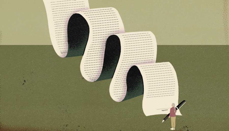 long legal contract document dwarfing a person at the bottom holding a giant pen