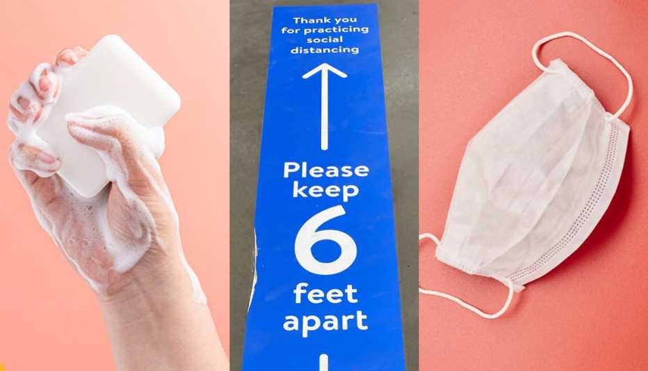 triptych of a hand covered in soap bubbles holding a bar of soap a six foot physical distancing sign on  floor and a face maska 