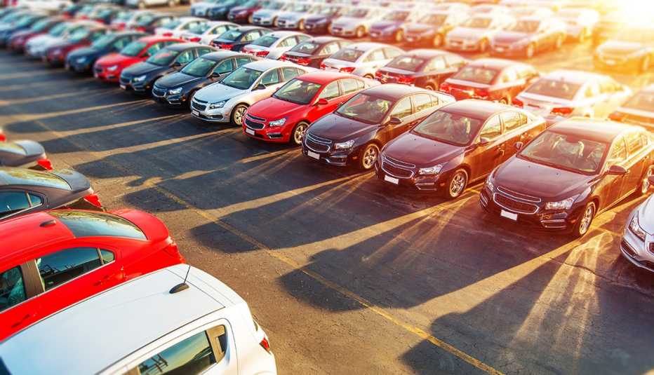 high angle view of a well-stocked new car lot