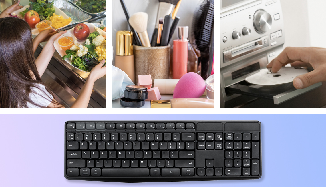 clockwise from left a girl getting a school lunch then a variety of cosmetics and cosmetic accessories then a hand putting a c d into a player then a keyboard