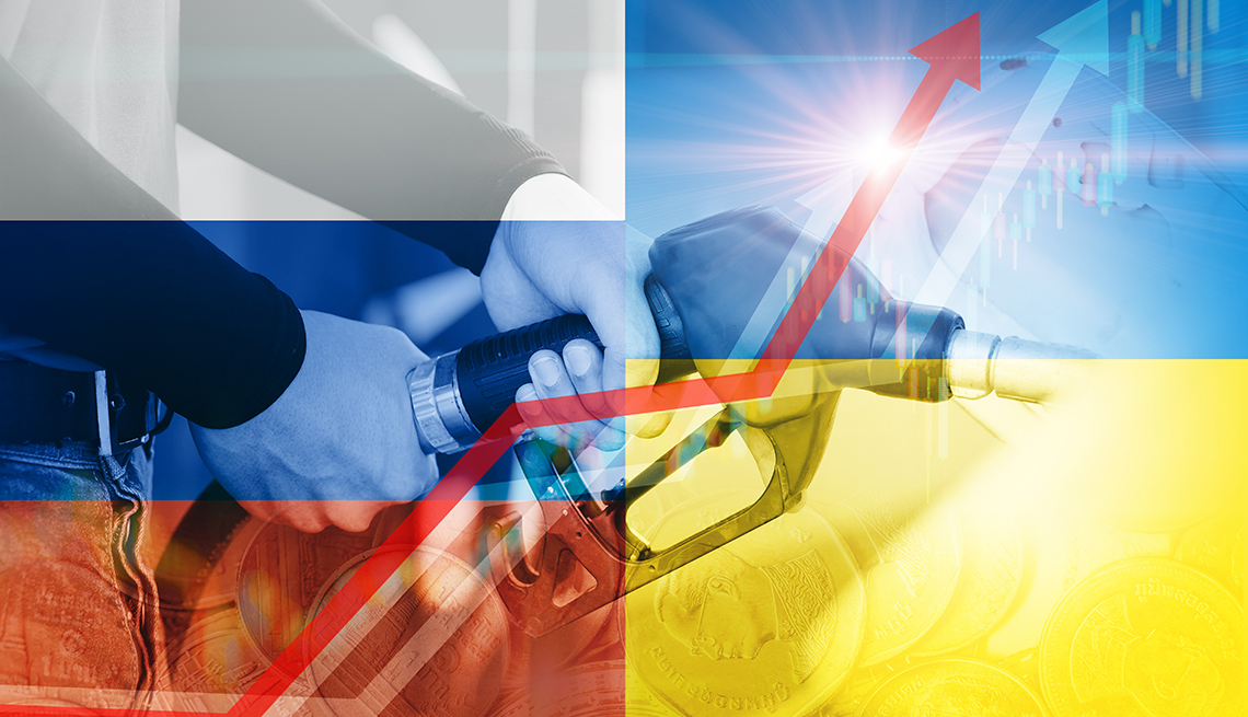 A layered graphic  of photos related to climbing gas prices with a strong red arrow moving up diagonally across the frame   