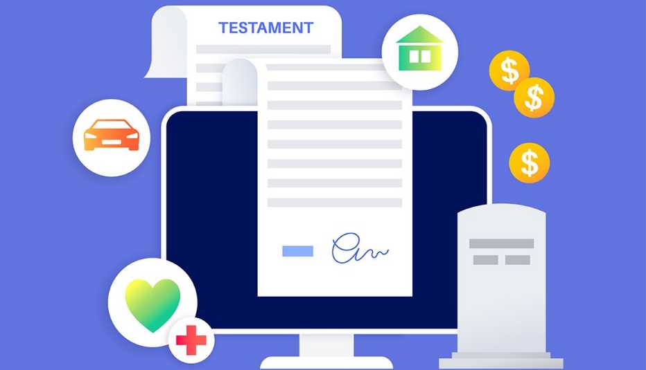 Elements that are essential parts of valid wills and estate plans are illustrated and displayed around a desktop computer screen.