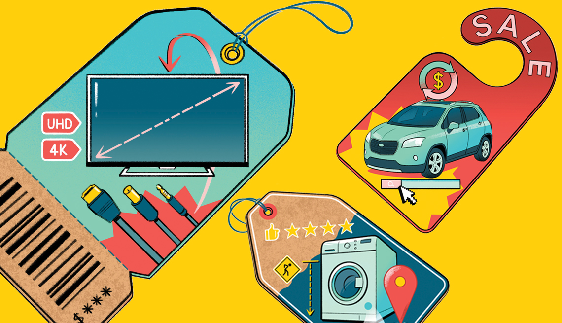 graphic of sales tickets with pictures of expensive items like a tv a car and a washing machine
