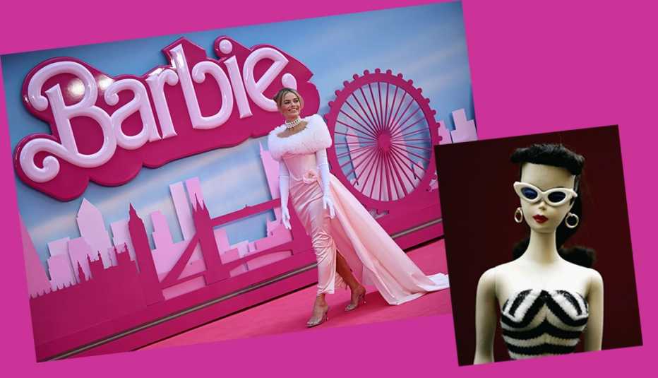 Actress Margot Robbie poses on the pink carpet for a premiere screening of the 2023 film"Barbie." Inset photo: Early models of Barbie dolls, first released in 1959, are valuable collectibles. A composite image of actress Margot Robbie posing on the pink carpet for a premiere screening of the 2023 film"Barbie," with an inset photo of a collectible Barbie doll.