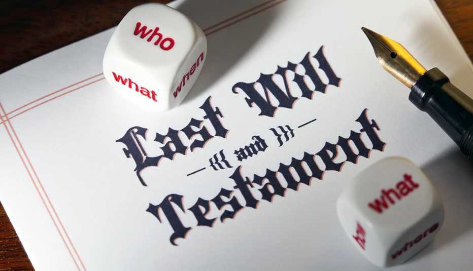 questions about estate planning are illustrated by dice rolled on top of a document that reads, "last will and testament"  