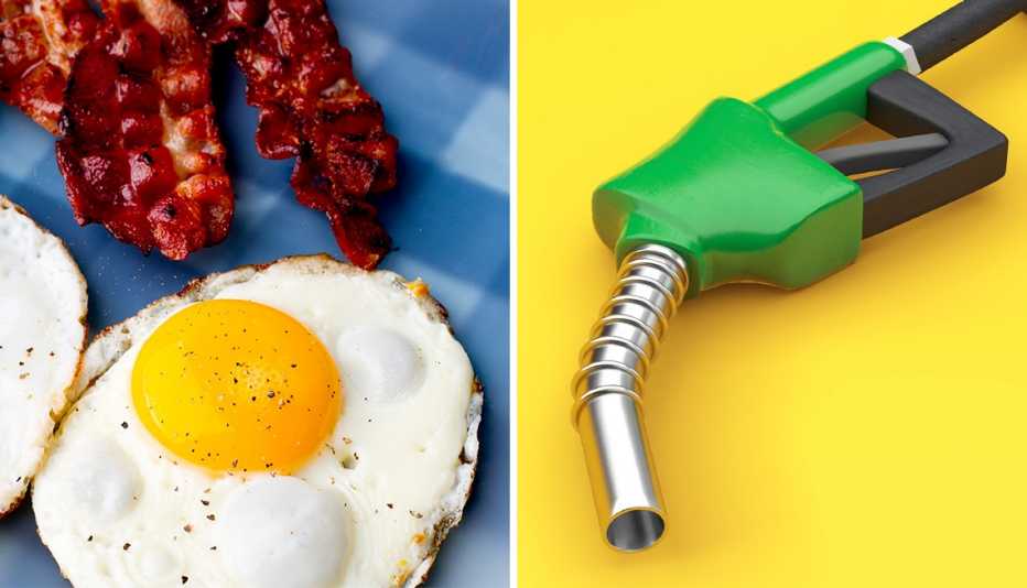 eggs and bacon on one side and a gas pump nozzle on the other side