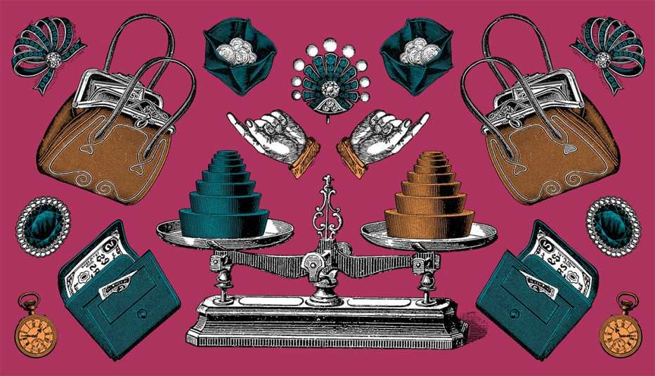 illustration of a balanced old-fashioned scale, wallets, coin purses, hand bags, jewelry and more illustration of a balanced old-fashioned scale, wallets, coin purses, hand bags, jewelry and more
