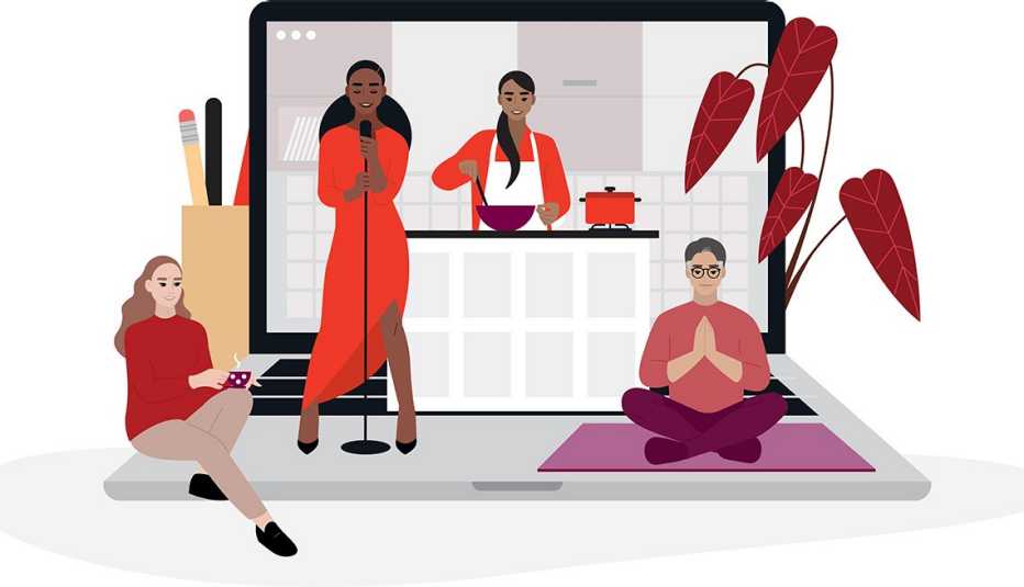 illustration showing people doing various activities like cooking, singing, yoga and looking at a mobile phone