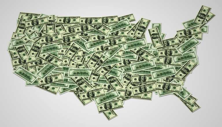 map of the United States made of paper currency