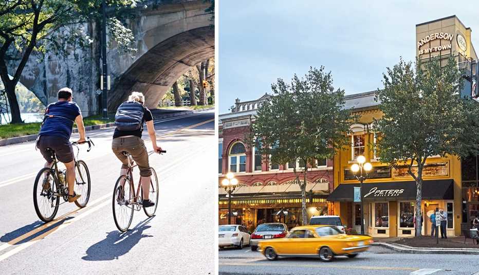 two photos a couple on bikes on a sunny day and a small town street scene