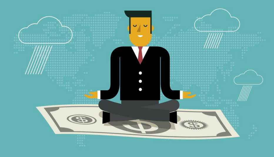 zen man meditating on a flying dollar bill 