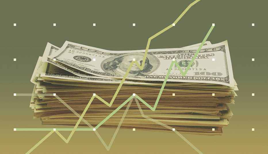 A stack of green cash on a green background behind layers of green graph points and line charts