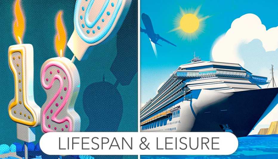 illustrations of birthday candles that spell out 120 and a cruise ship