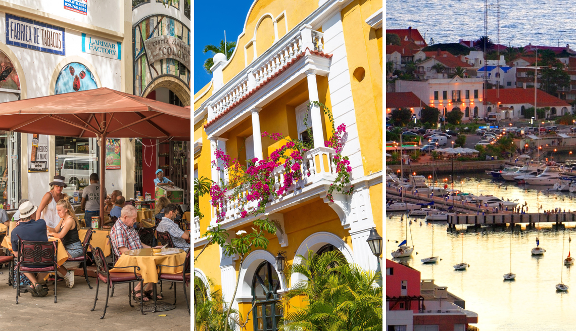 from left to right sidewalk cafe in the dominican republic then a historic house in columbia then a harbor at dusk in uruguay