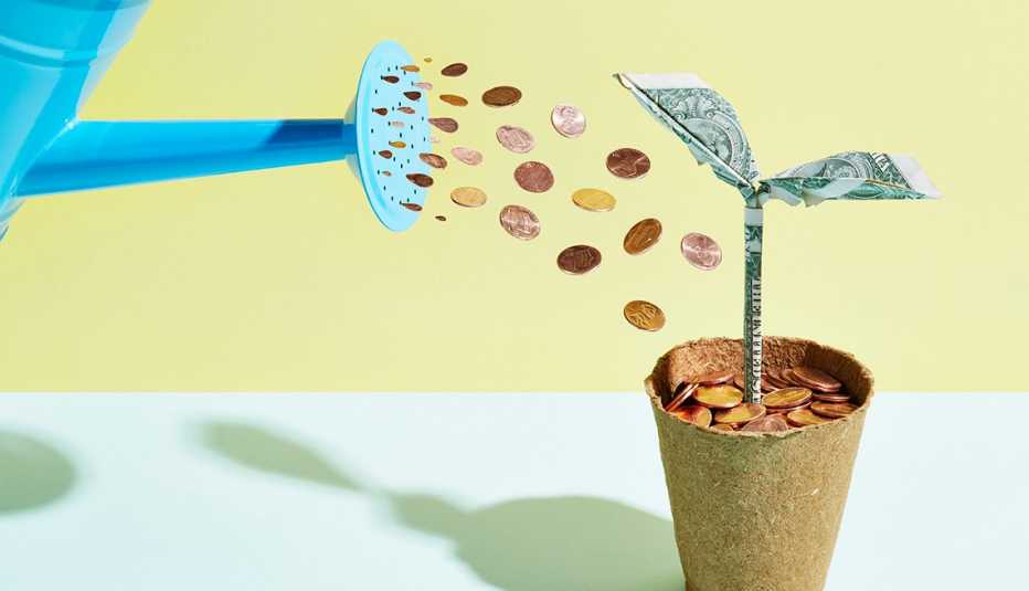 watering investment plant with watering can of coins