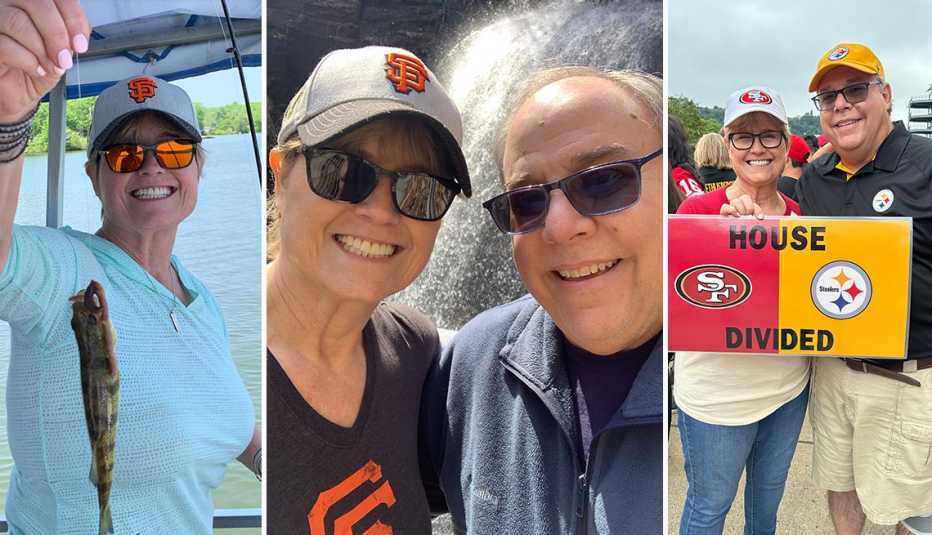 Kathy Wheeler in a few images: fishing, with her husband outdoors and at a football game kathy wheeler in three photos from left to right fishing on a boat with her husband outdoors and at a football game