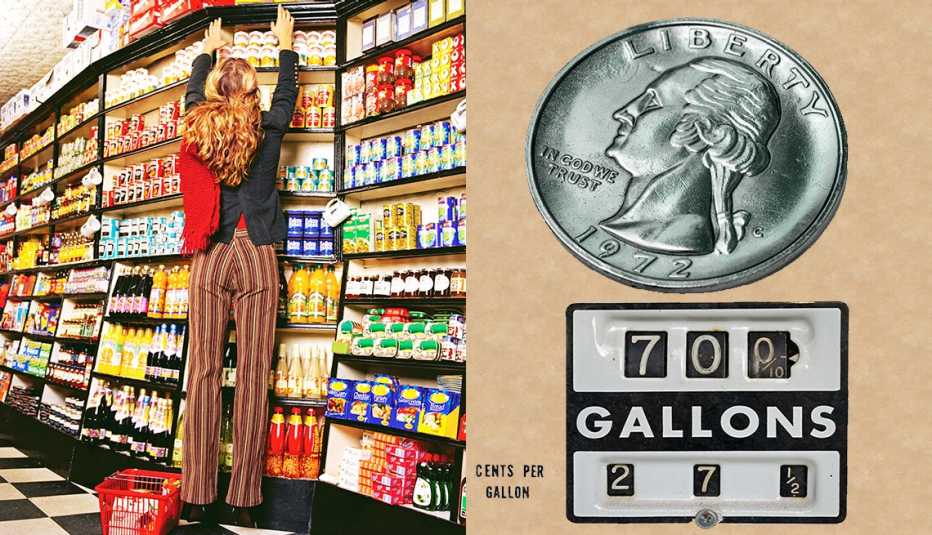 Vintage images with a 1970s vibe, of a supermarket shopper, a U.S. quarter coin, and the price gauge on an old gas pump set at 27.5 cents a gallon.