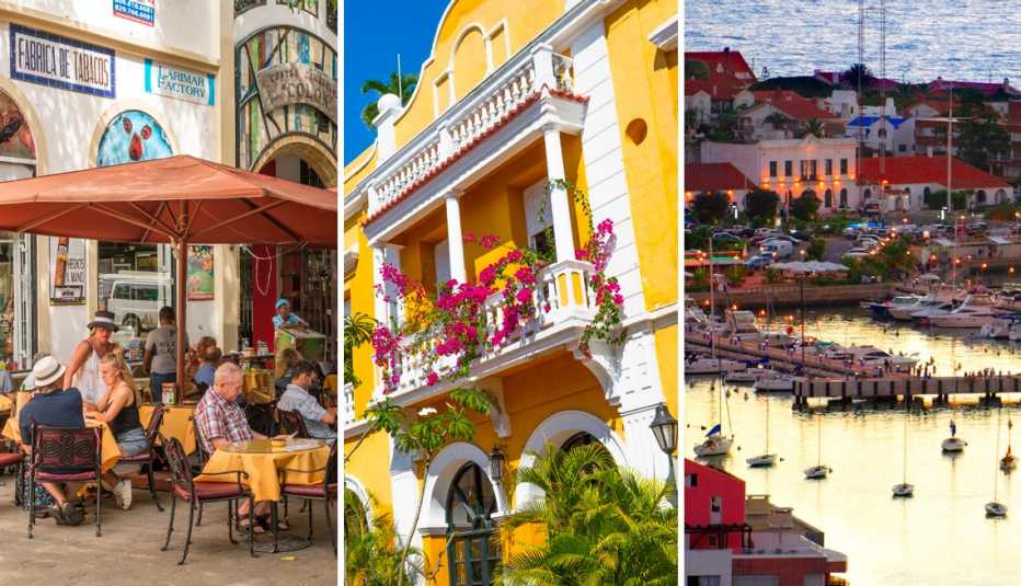 from left to right sidewalk cafe in the dominican republic then a historic house in columbia then a harbor at dusk in uruguay