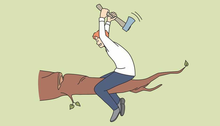 Cartoon of a man sitting on a tree branch but chopping at the wrong end of it with an ax. Self-sabotage concept.
