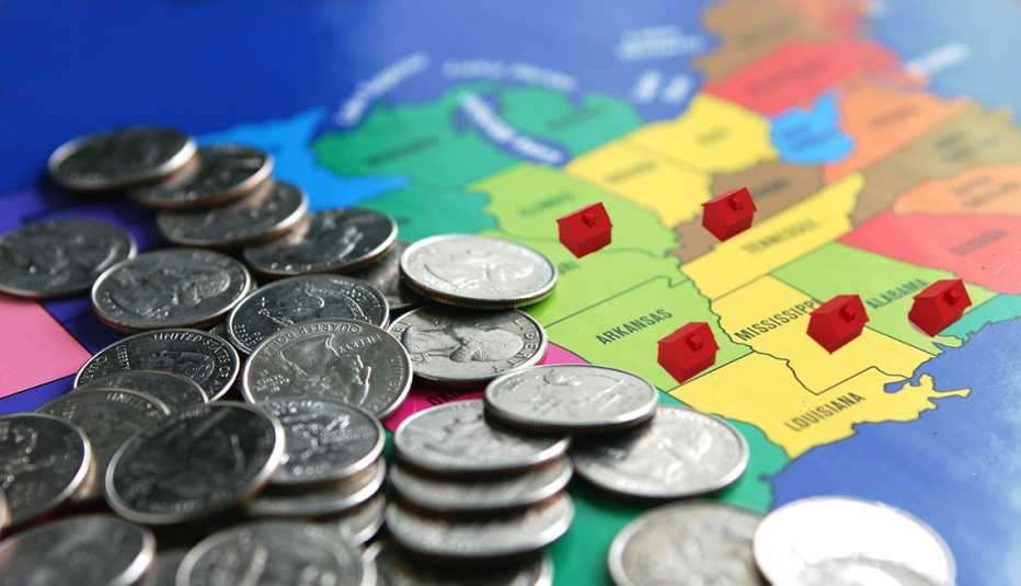 A state map is displayed with indicators of homes and quarter coins sprinkled on top. 