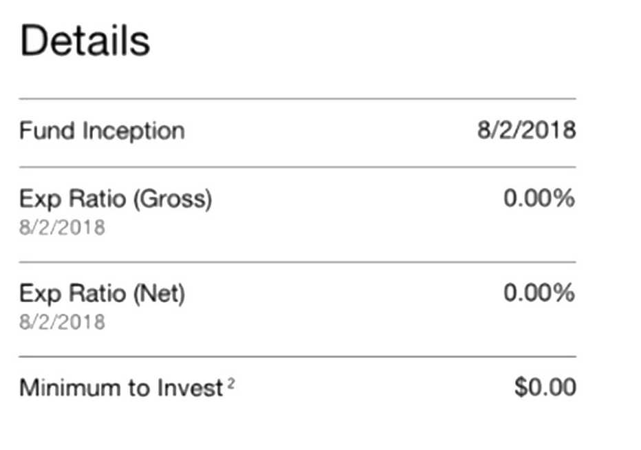 Chart the reads: Details, Fund Inception 8/2/2018, Exp Ratio (Gross) 8/2/2018 0.00%, Exp Ratio (Net) 8/2/2018 0.00%, Minimum to Invest2 $0.00