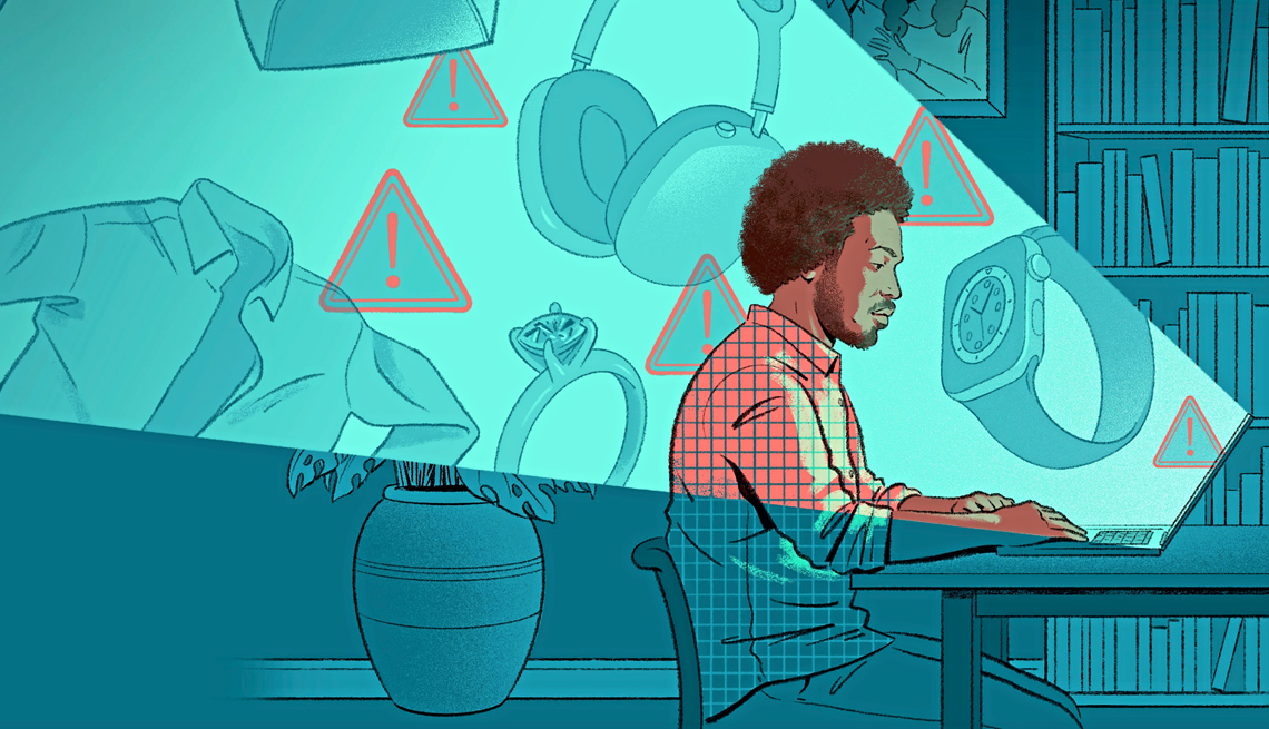 an illustration of a man sitting at a computer looking at items with warning signs