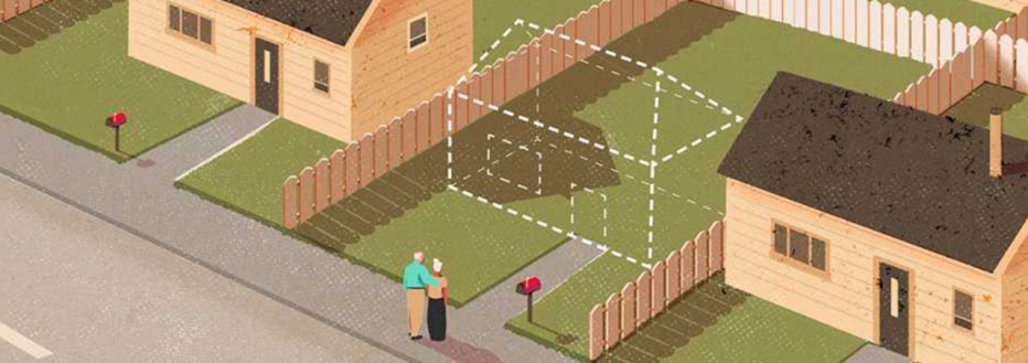 Couple standing in front of a home that's disappeared.
