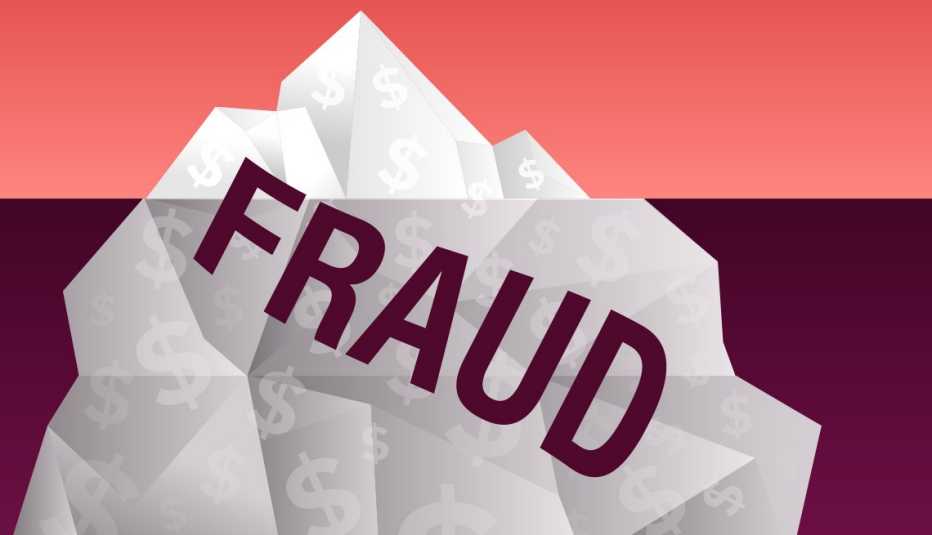 illustration of an iceberg both above and under the water with the word fraud on it and there are faint collar signs all over it
