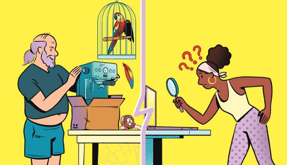 woman shopping online looking at laptop with magnifying glass to see where she is really shopping it turns out it is a disheveled man putting used merchandise in a box at his home