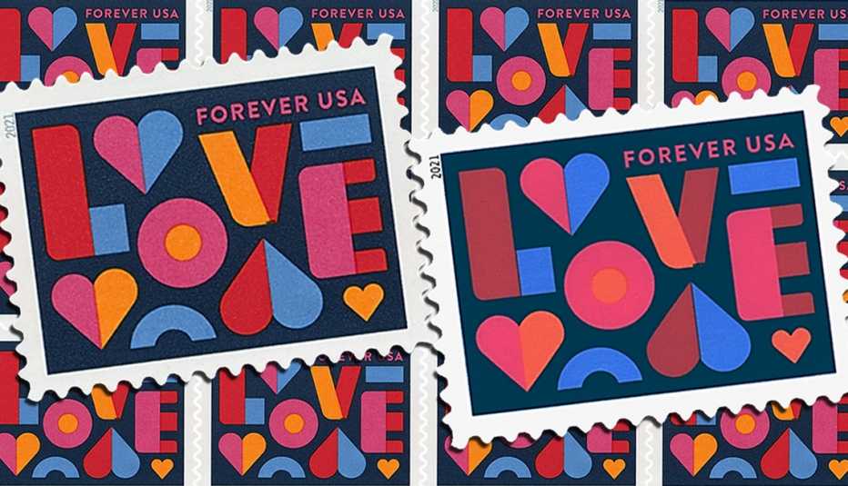 two united states postage stamp  the real stamp is on the left and in the background as a repeated pattern and the counterfeit stamp is on the right