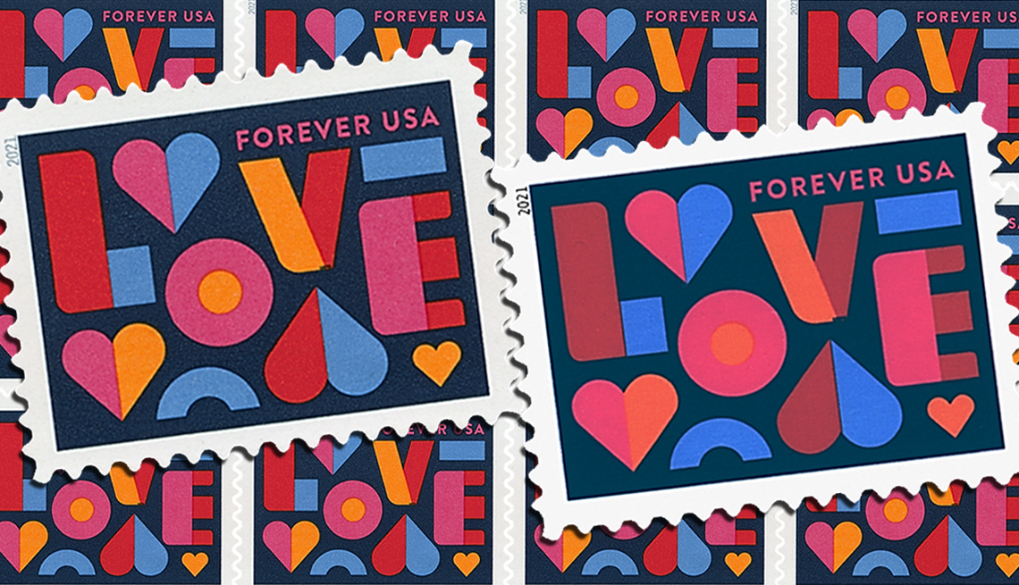 two united states postage stamp  the real stamp is on the left and in the background as a repeated pattern and the counterfeit stamp is on the right