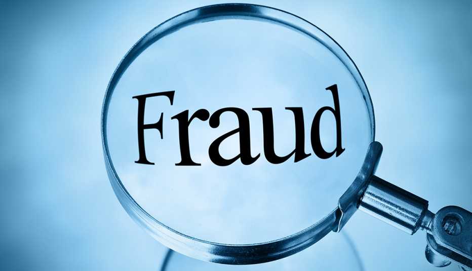 Magnifying glass with the word fraud magnified in blue tone in square format