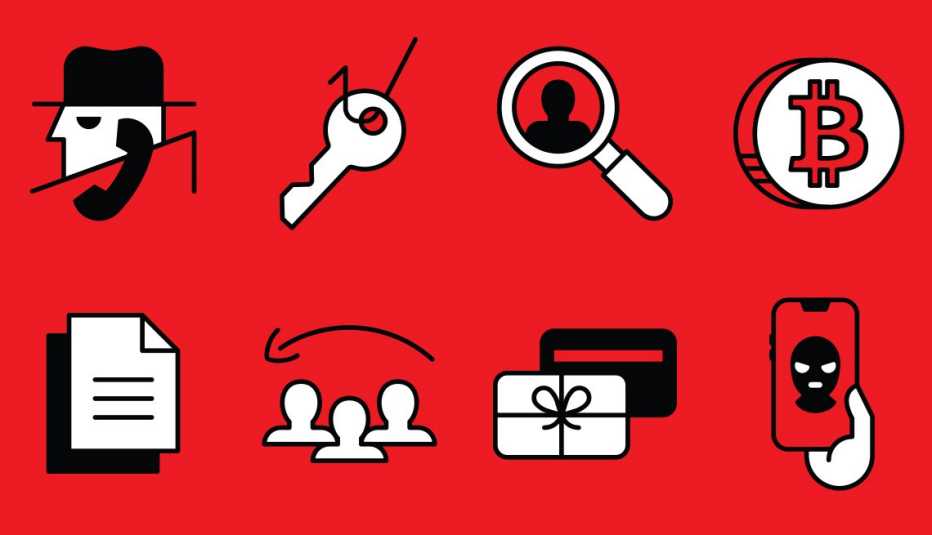 eight icons illustrating different types of scams such as fake job and real estate rentals gift card scams cryptocurrency faze amazon employees and p 2 p payment requests 