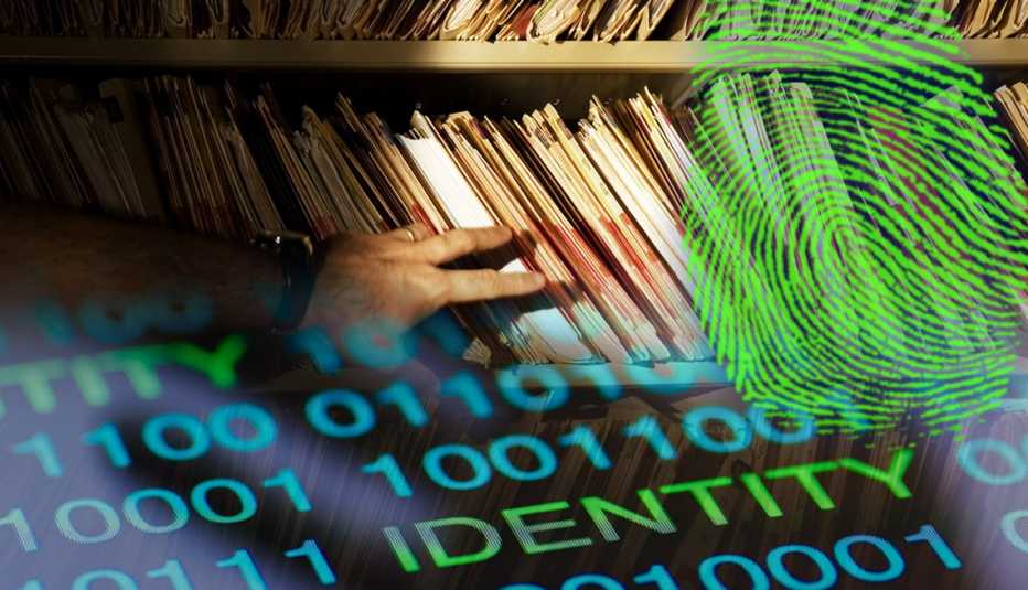 Collage of images with a fingerprint, man grabbing a file folder and identity symbol Collage of images with a fingerprint, man grabbing a file folder and identity symbol