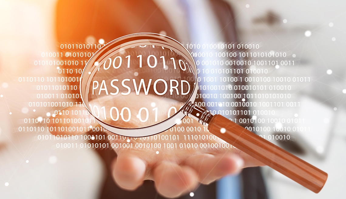 Magnifying glass on the word "password" in a list of binary code