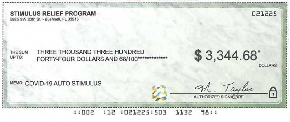 image of a fraudulent check for three thousand three hundred forty four dollars and sixty eight cents with no addressee and a note that it is for covid auto stimulus image of a fraudulent check for three thousand three hundred forty four dollars and sixty eight cents with no addressee and a note that it is for covid auto stimulus