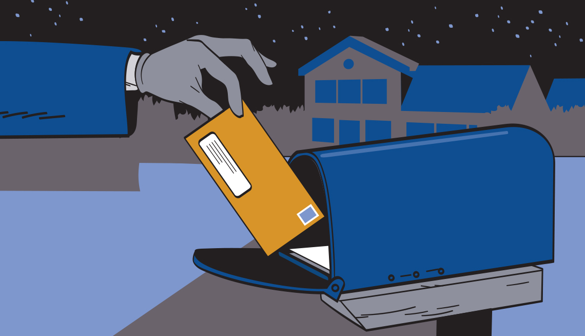 gloved hand drops a check in  a mailbox, suspicious feel