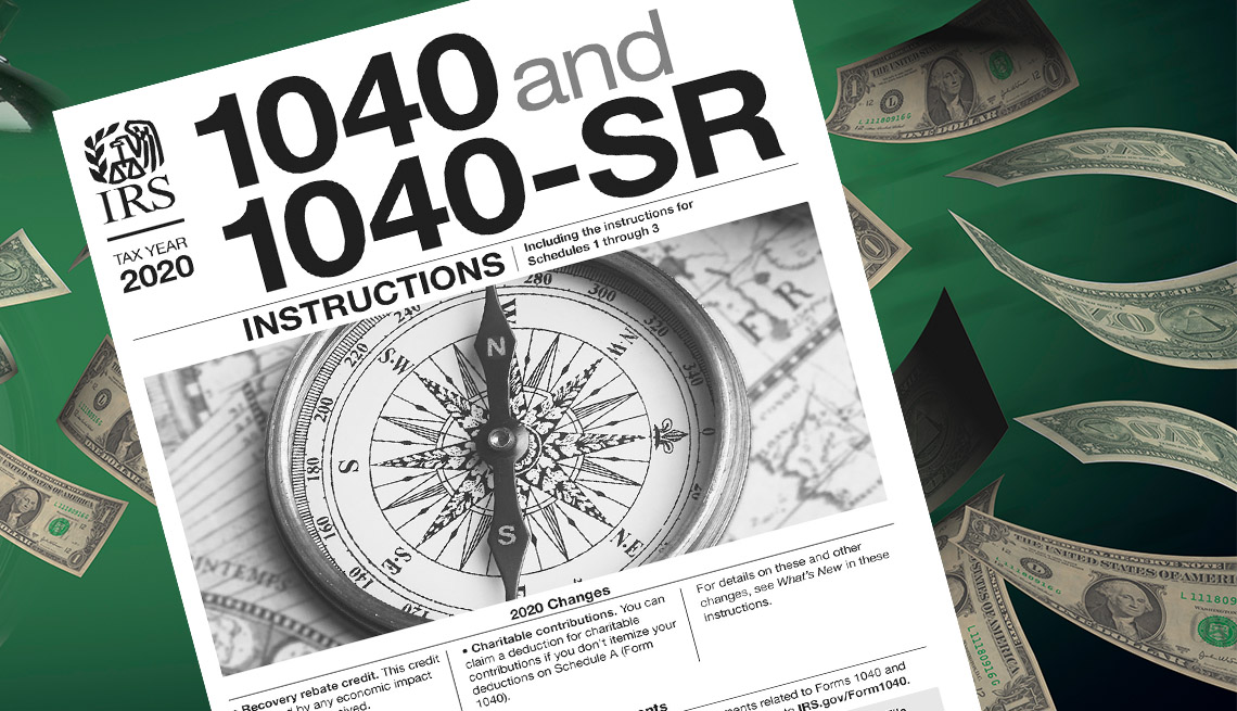 IRS instructions to claim stimulus on 2020 taxes sits on a background of green dollar bills