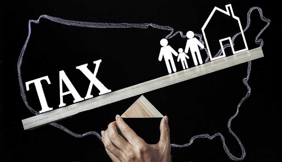 A chalkboard outline of the United States with an unbalanced seesaw between the word tax and a drawing of a family and a house