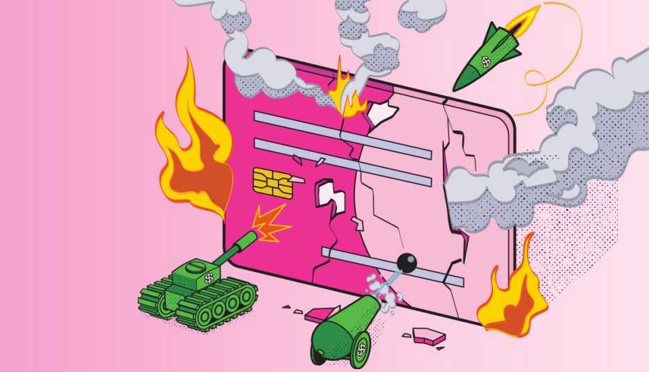 cartoon credit card under attack from a cannon, tank, and missile to signify attacking credit card debt