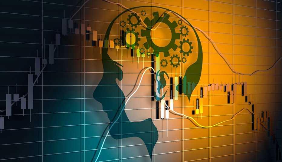 An illustration of an investment chart with a transparent human head superimposed, showing gears turning.