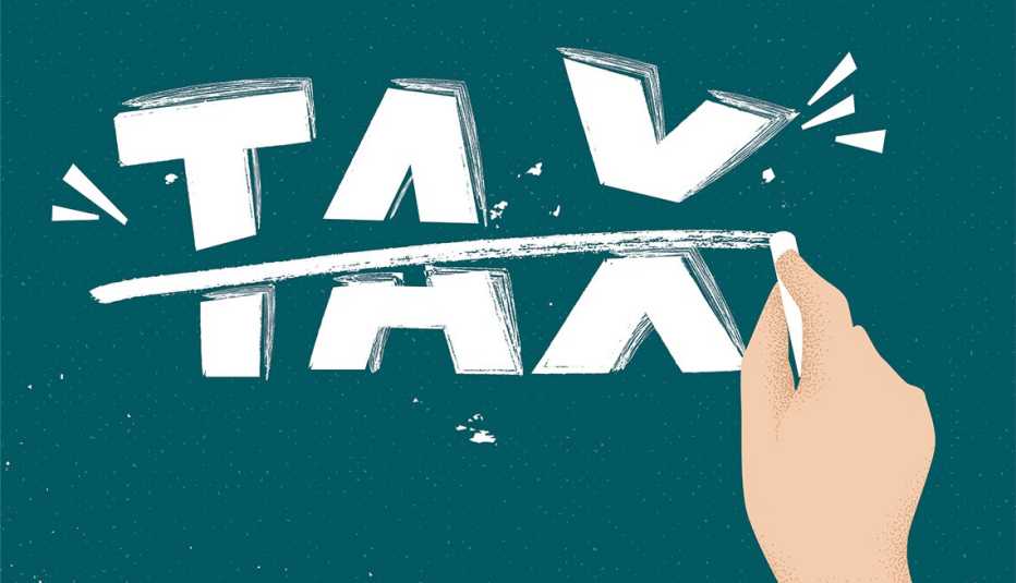 Illustration of a hand drawing straight line and slicing through the word "tax" on a green chalk blackboard