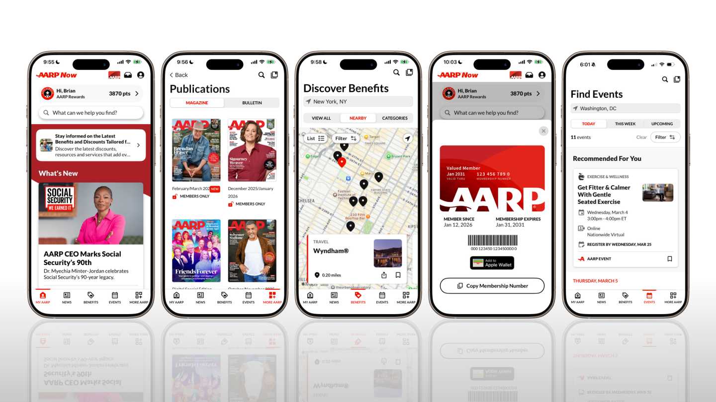 Image showcasing five different screens in the AARP Now app, including My AARP home page, AARP Publications, member benefits, AARP Membership card and Events.