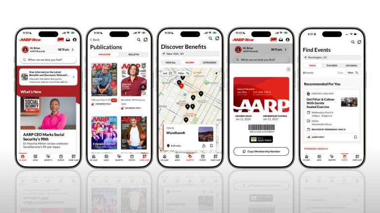Image showcasing five different screens in the AARP Now app, including My AARP home page, AARP Publications, member benefits, AARP Membership card and Events.