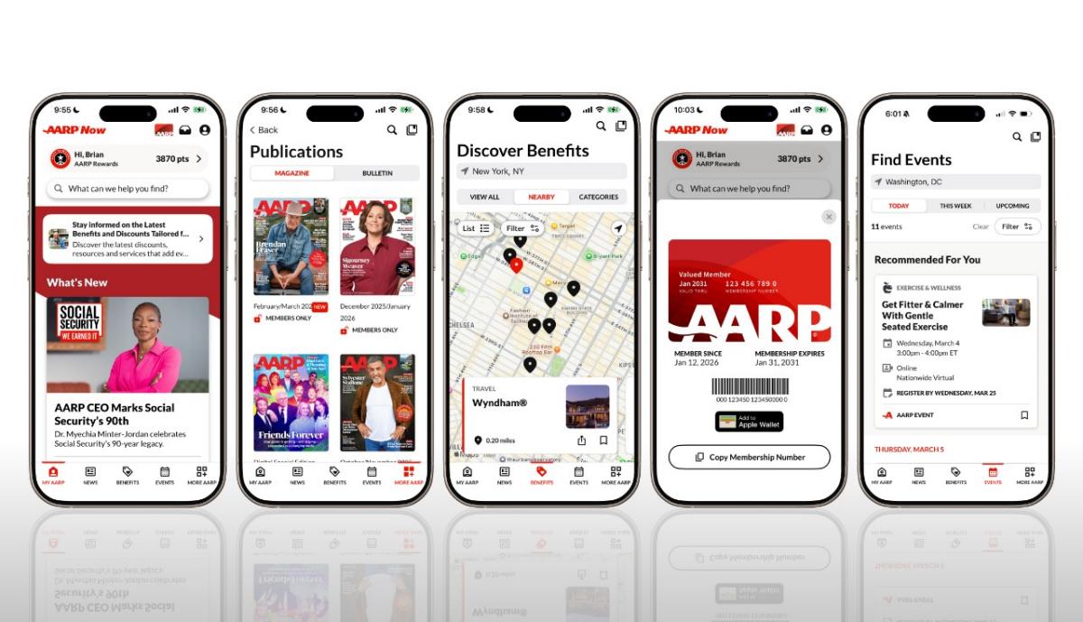 Image showcasing five different screens in the AARP Now app, including My AARP home page, AARP Publications, member benefits, AARP Membership card and Events.