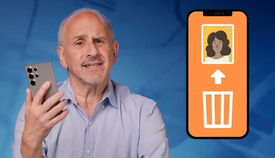 a man holding a phone with another phone showing a trash icon and an image