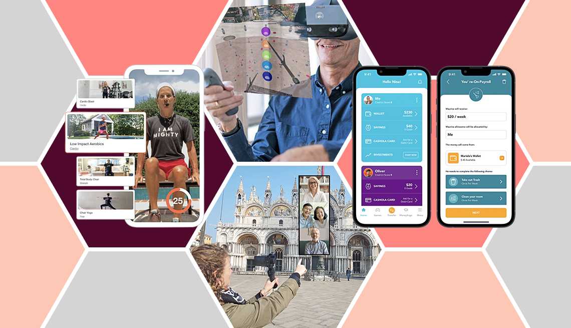 images of various technological devices over a hexagonal pattern