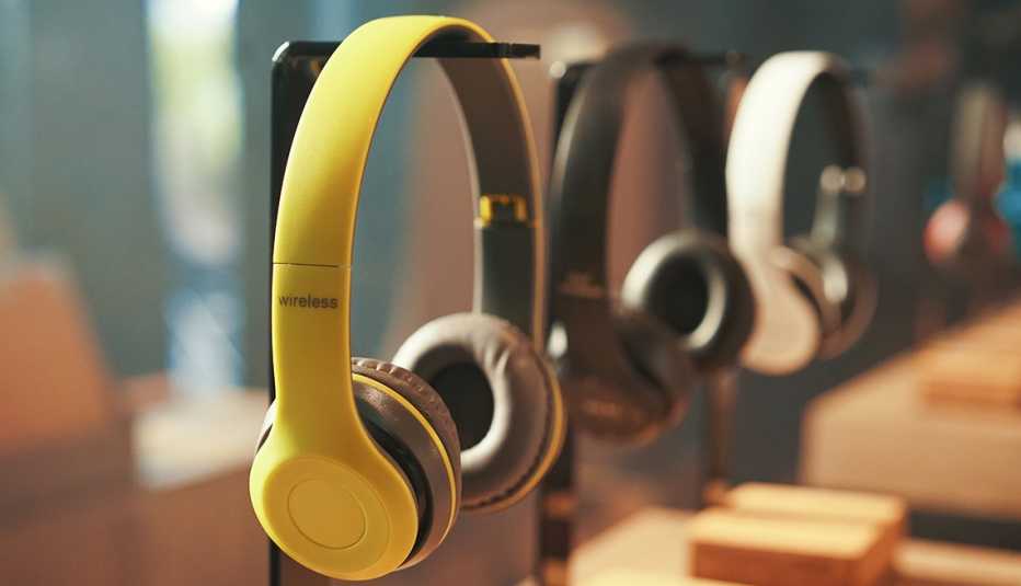 pairs of headphones on display in a store