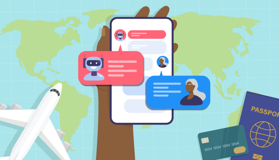 a hand holds a phone showing a chat between a woman and a travel agent ai chat bot