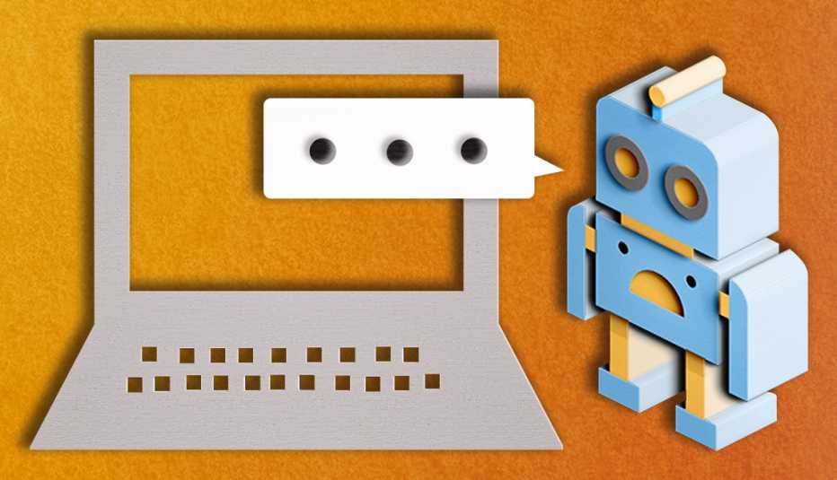 a robot with an ellipsis chat bubble in front of a laptop